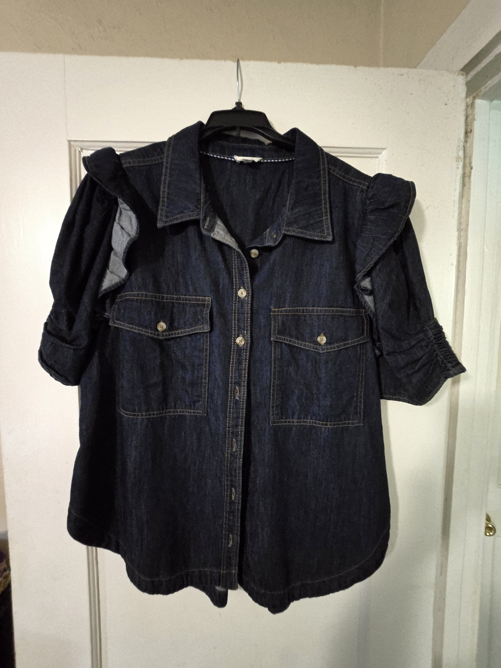 Pilcro Dark Blue Denim Button-Front Ruffle Shoulder Shirt